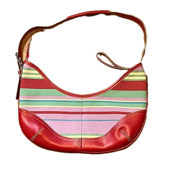 Red Over the Shoulder Purse Pink Green Striped - Picture 1 of 5